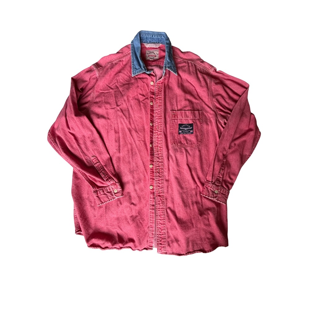 Nautica Denim Mens XL Red Button Down Shirt Marine Patch Workwear Vintage